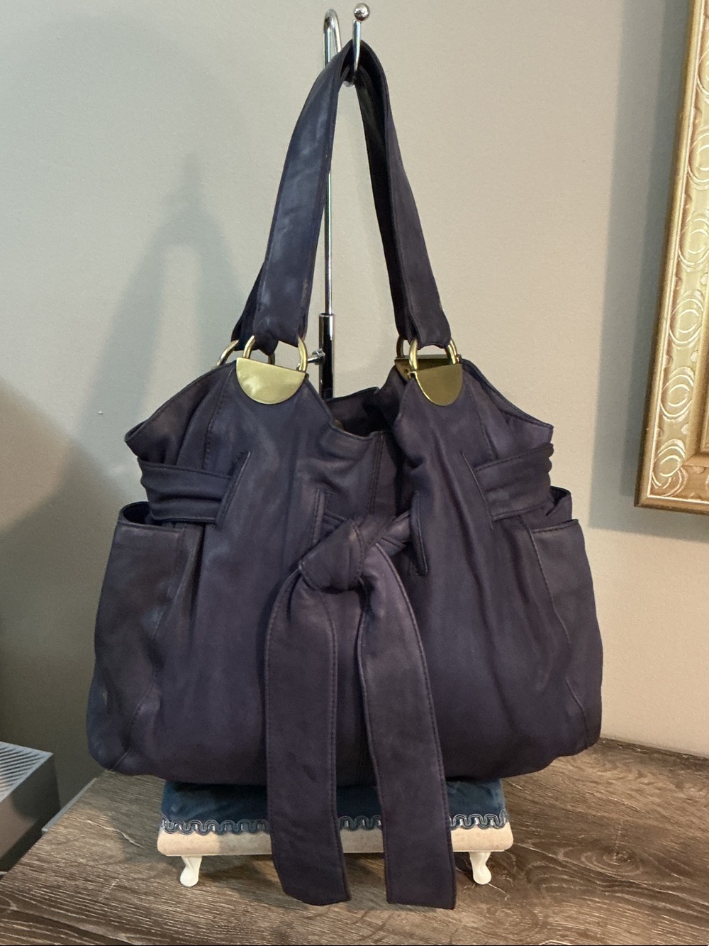 Kooba Navy Blue Leather Shoulder Tote Bag Front Knot Brass Accents EUC 12x11
